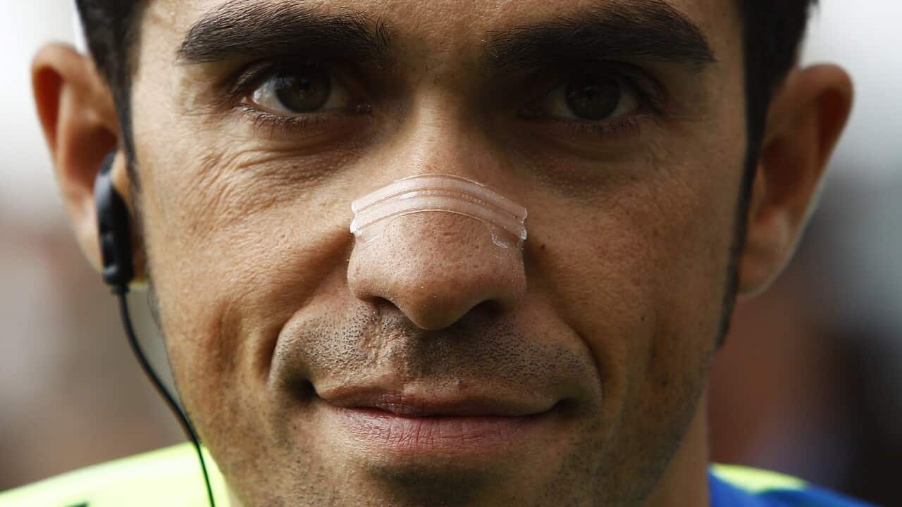 Tinkoff-Saxo's Spanish rider Alberto Contador poses for a head shot