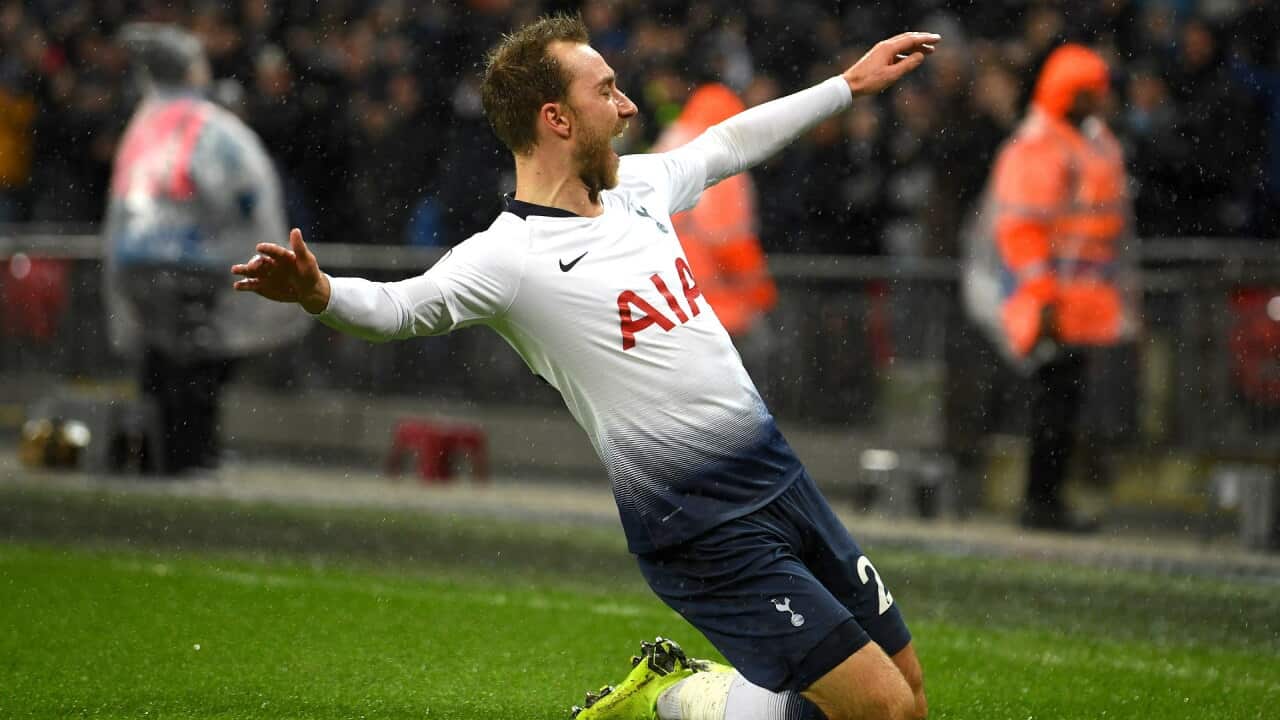 Eriksen celebrates his winning goal.