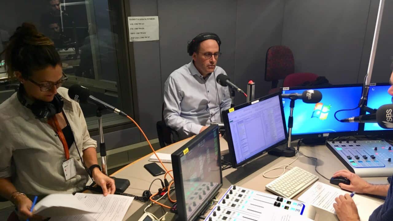 James Panichi (centre) in our studio during today's debate