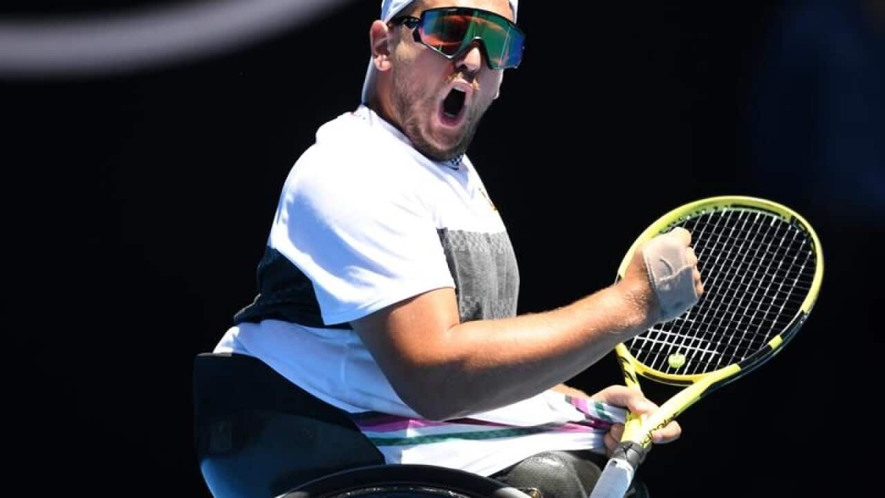 Dylan Alcott reacts during the the quad wheelchair singles final.
