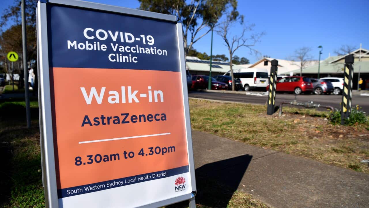 Signage at a walk-in AstraZeneca vaccination clinic at Wattle Grove in Sydney, Tuesday, August 3, 2021. Australian Defence Force troops have joined NSW police patrolling streets in Sydney's west and southwest to ensure COVID-19 health orders are being obs