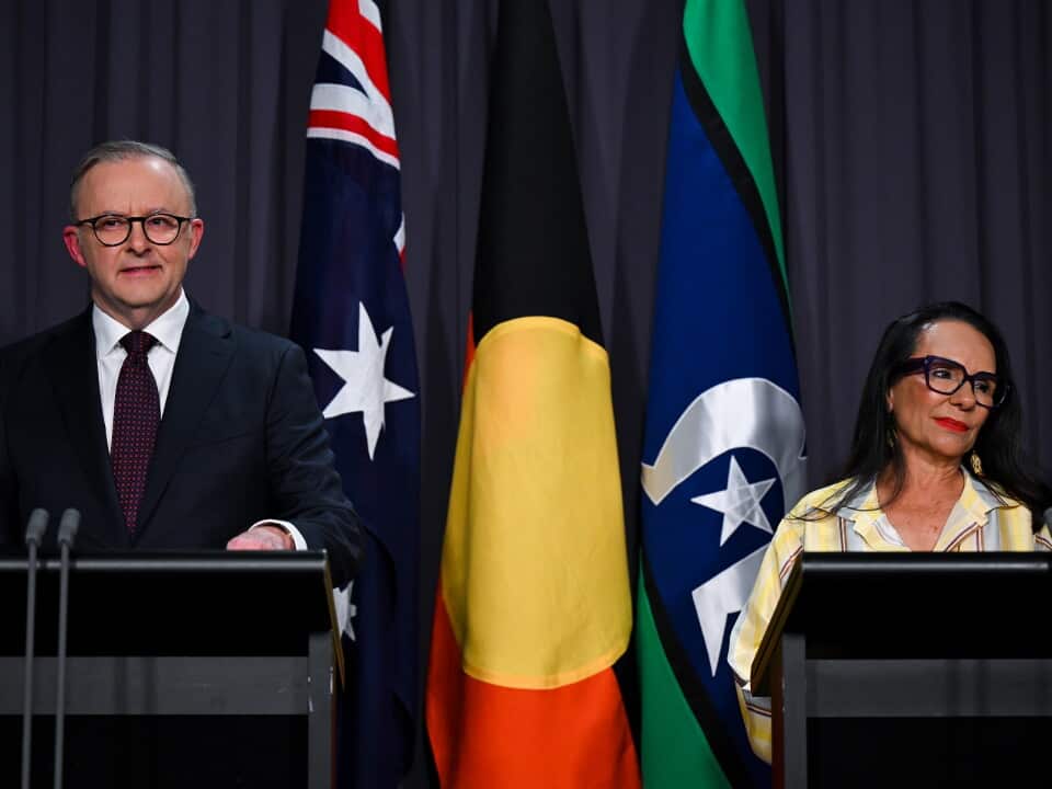 PM Anthony Albanese and Minister for Indigenous Australians Linda Burney address Australians voting on Voice Referendum in October 2023.