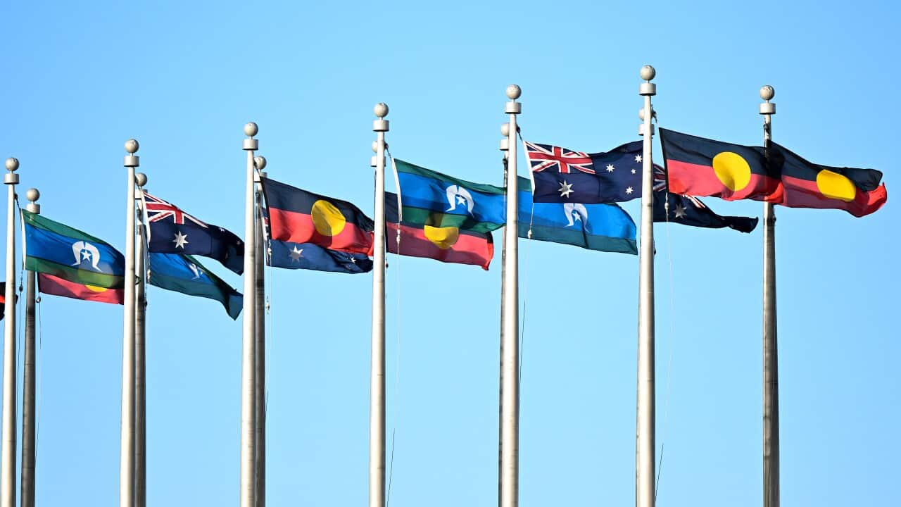 The Aboriginal, Torres Strait, and Australian flags on poles