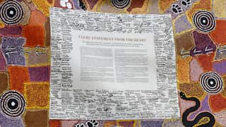 A document surrounded by signatures embedded in a traditional First Nations dot painting