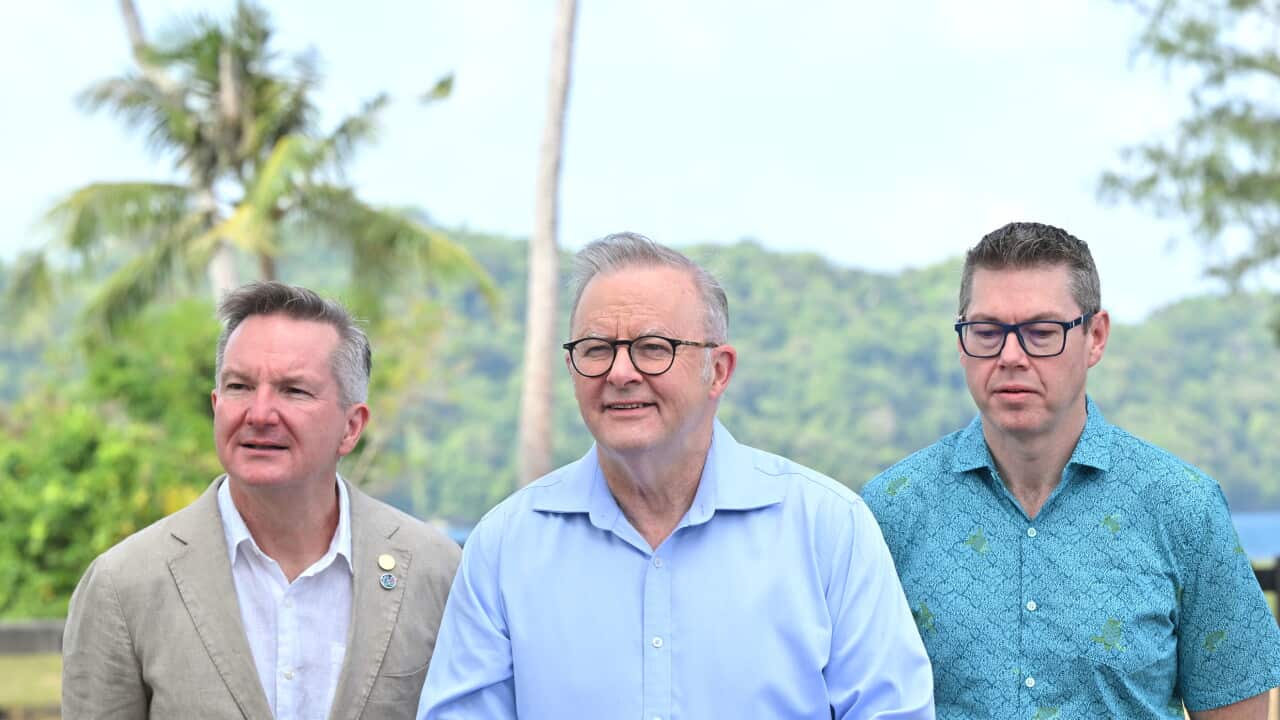 Prime minister Anthony Albanese and senior cabinet members at a press conference at the Pacific Island Forum - AAP.