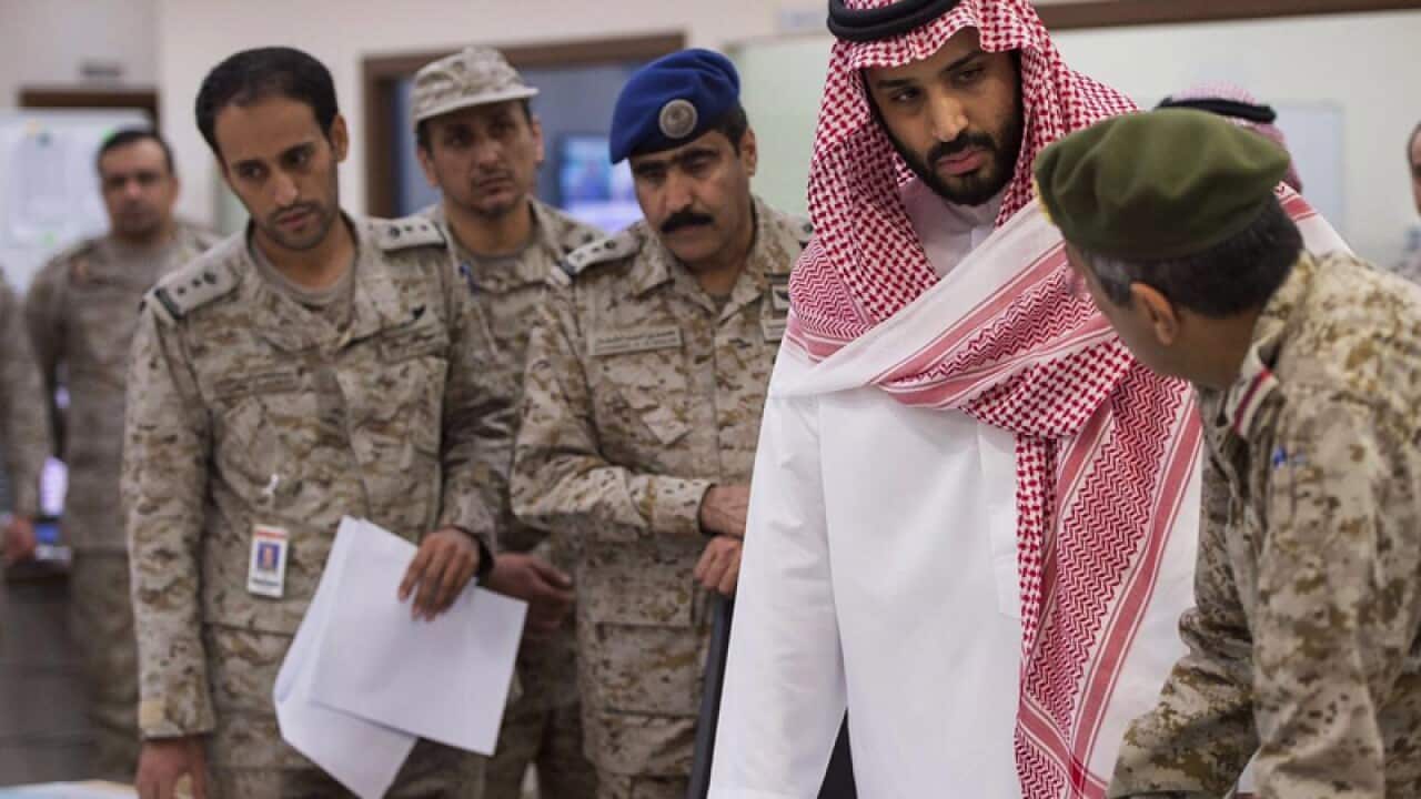 Saudi Defense Minister being debriefed on airstrikes in Yemen