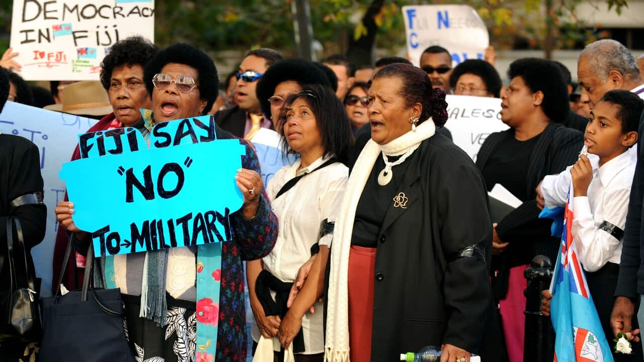 Fijians protest in Sydney on Sunday, May 24, 2009 with the hope of bringing a peaceful restoration of democracy and freedom in Fiji. (File: AAP)