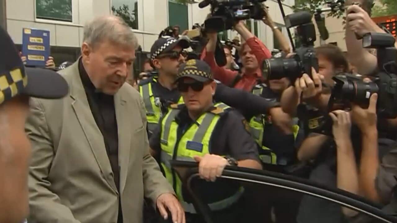 The cardinal emerges from court following today's proceedings.
