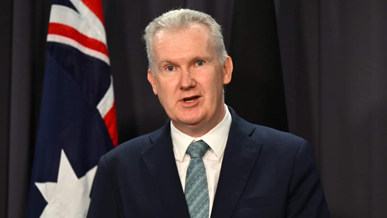 A man in a suit standing in front of an Australian flag and dark blue curtain.