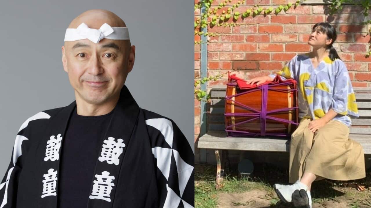 Renowned Japanese taiko player Eiichi Saito (left) and Ayako Tsunazawa, president of non-profit taiko playing organization Taikokoro