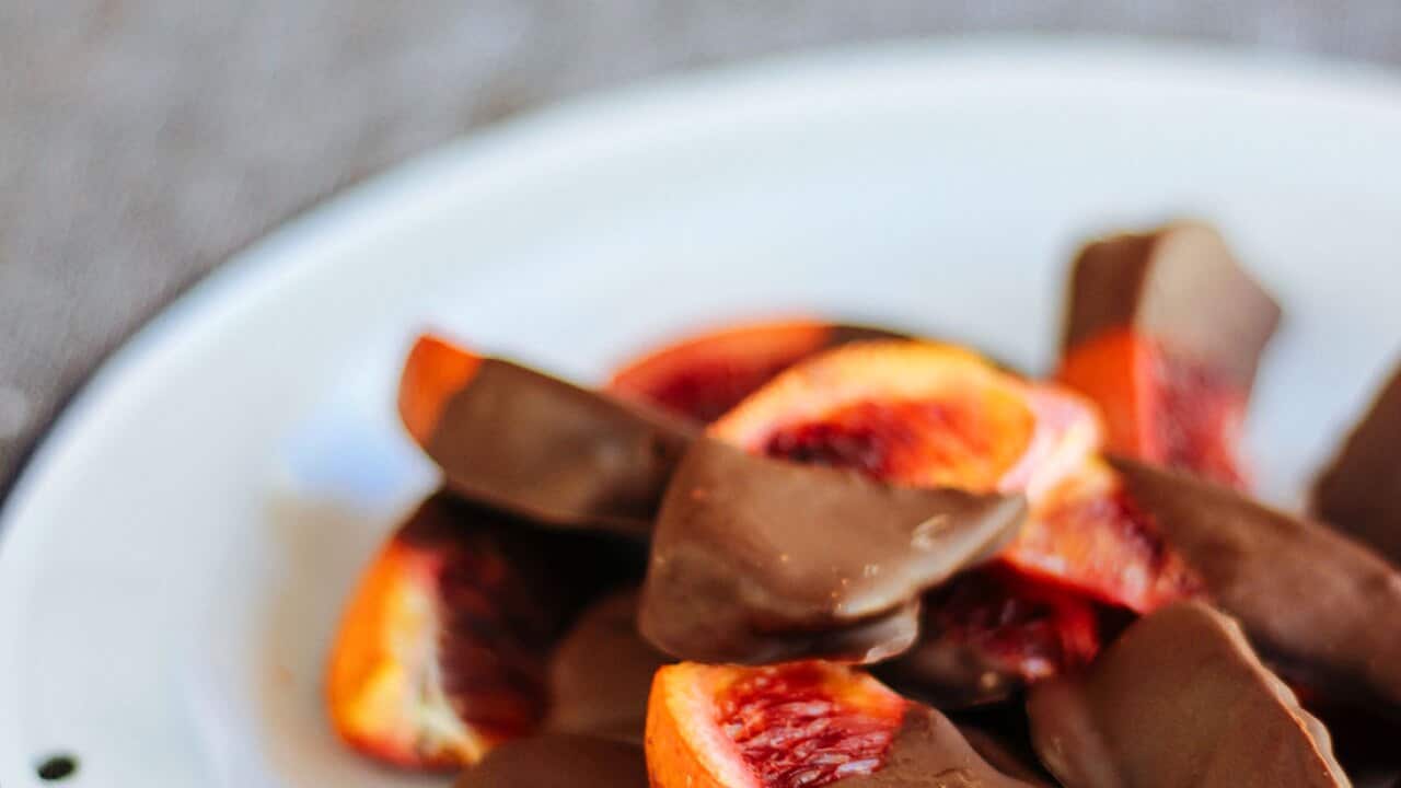 Blood oranges dipped in dark chocolate