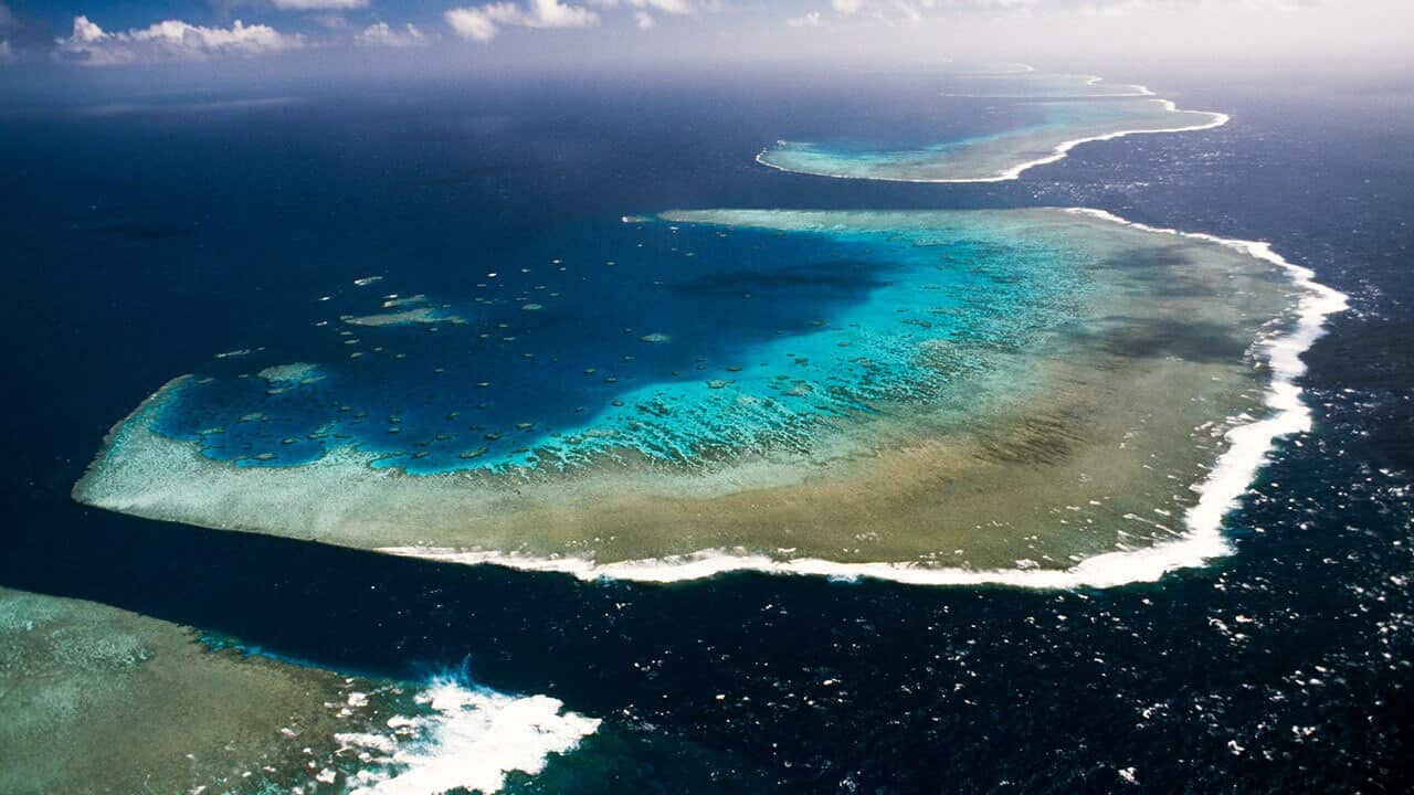An aerial view of the Great Barrier Reef.