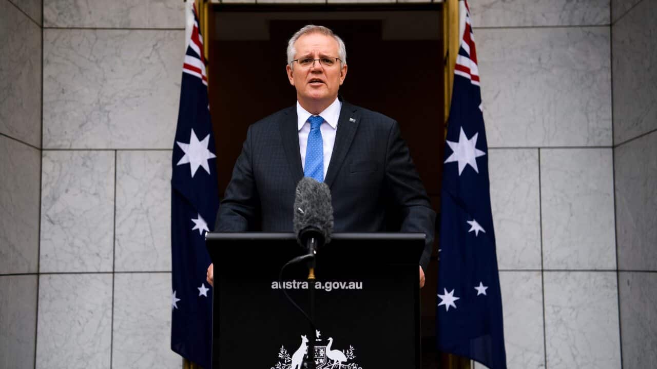 Australian Prime Minister Scott Morrison speaks to the media during a press conference at Parliament House in Canberra.
