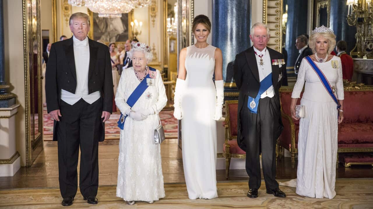 Donald Trump, Queen Elizabeth II, Melania Trump, the Prince of Wales and the Duchess of Cornwall.