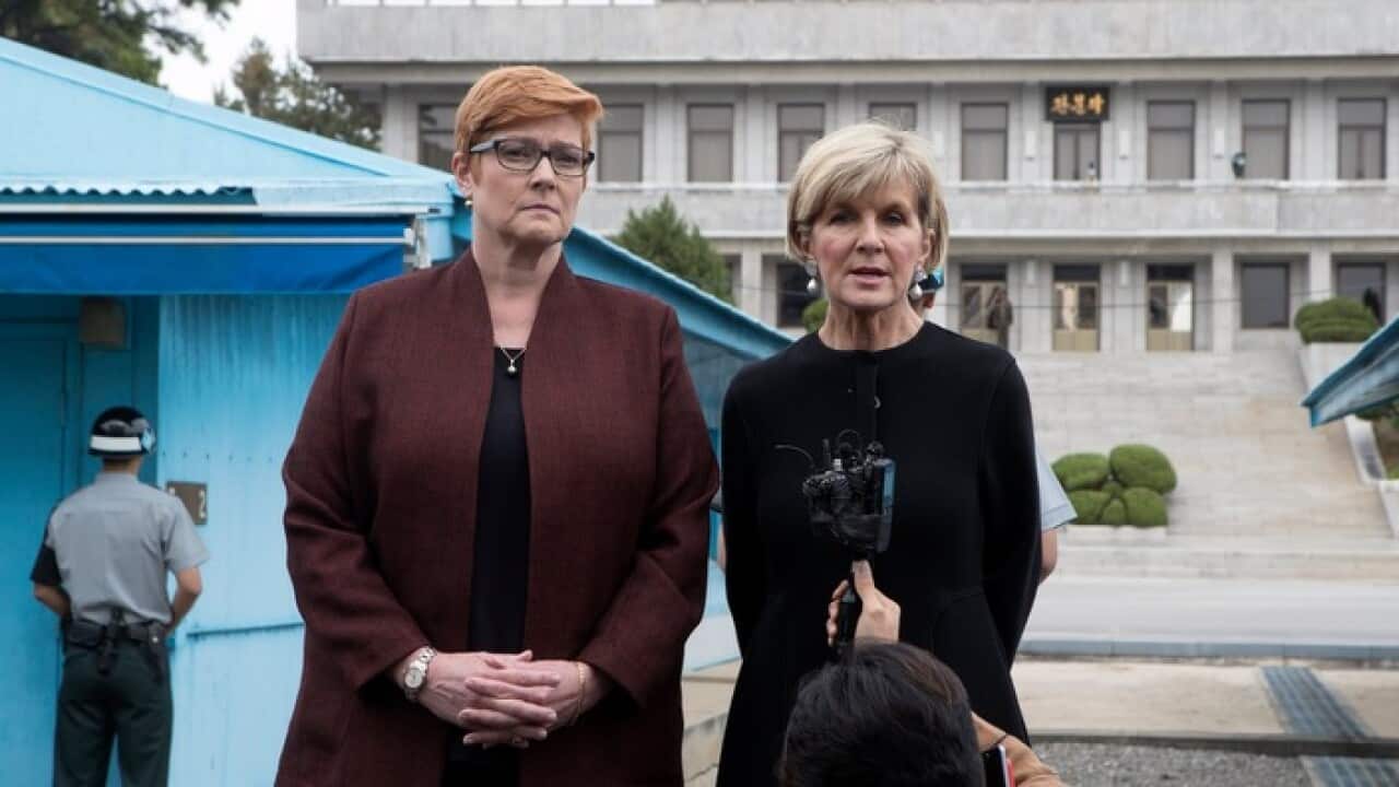 Marise Payne, left, and Julie Bishop at Panmunjom