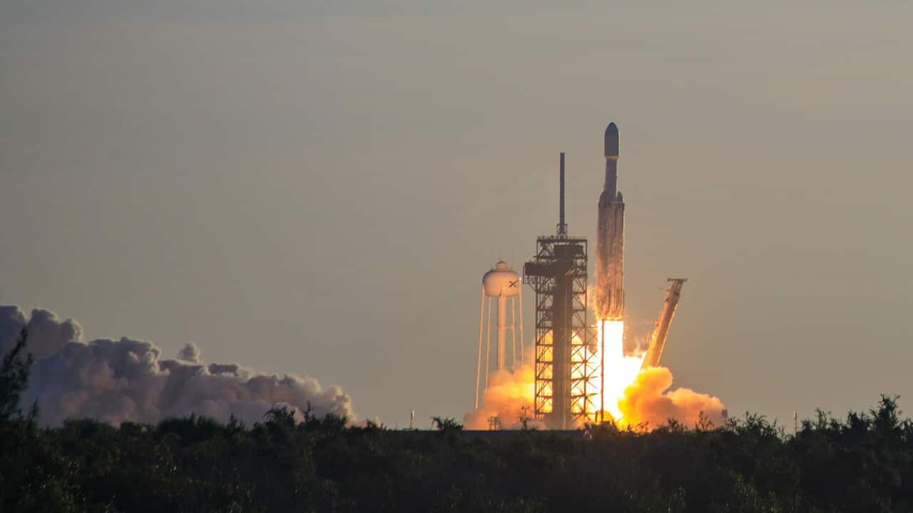 Liftoff of NASA SpaceX Falcon Heavy carrying the Nancy Grace Roman Space Telescope (AA).