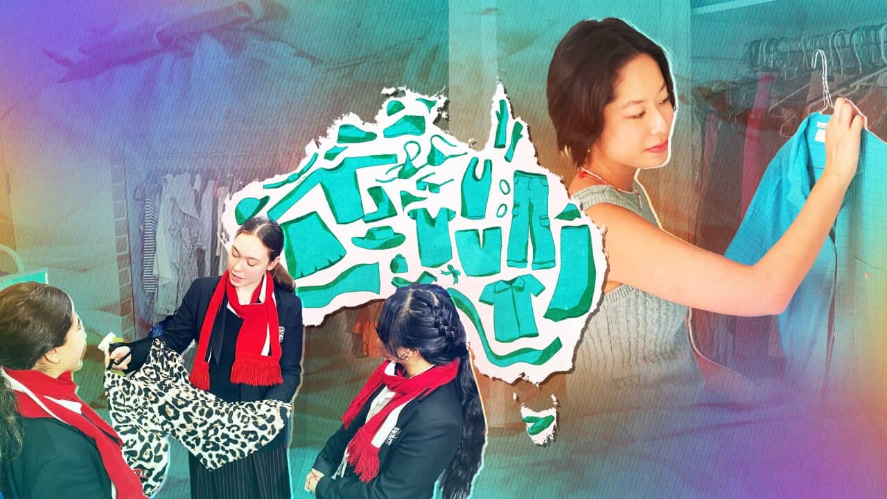 A composite image of school students looking at clothes and a woman hanging up a shirt.