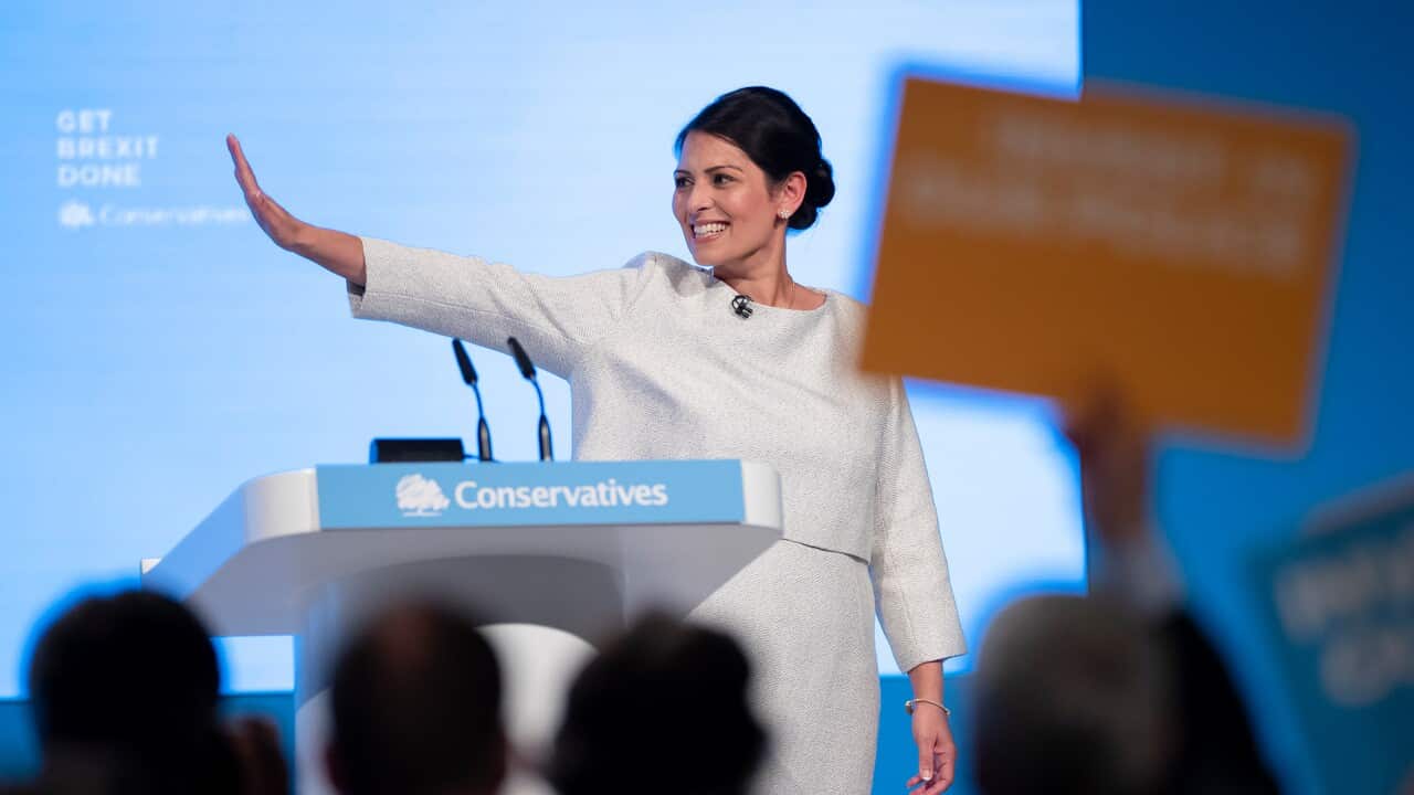 British Home Secretary Priti Patel delivers her keynote speech at the Conservative Party Conference.