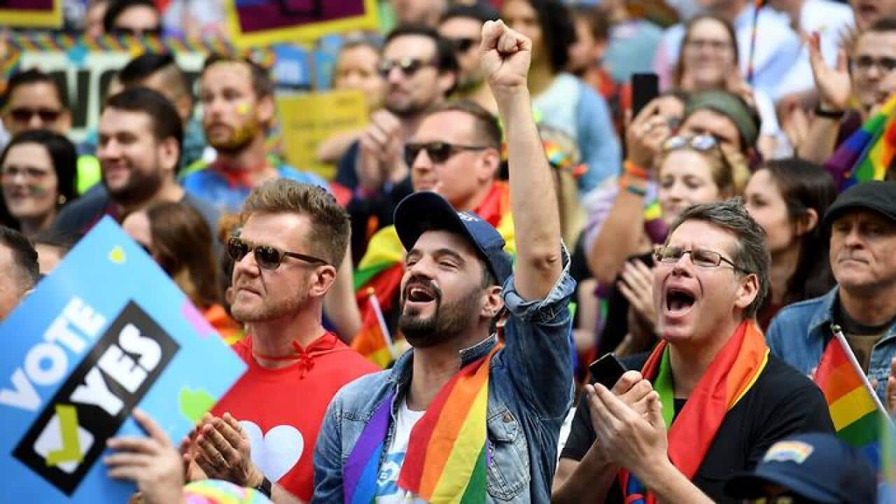 Protesters gather for a rally in support for marriage equality in Sydney on Sunday
