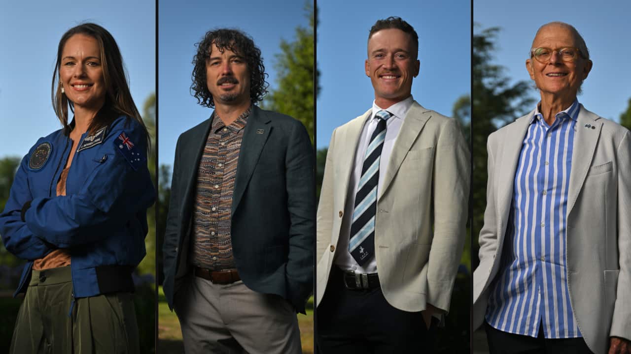A composite image features portraits of four individuals — a woman in an astronaut flight suit and three men in semi-formal attire.