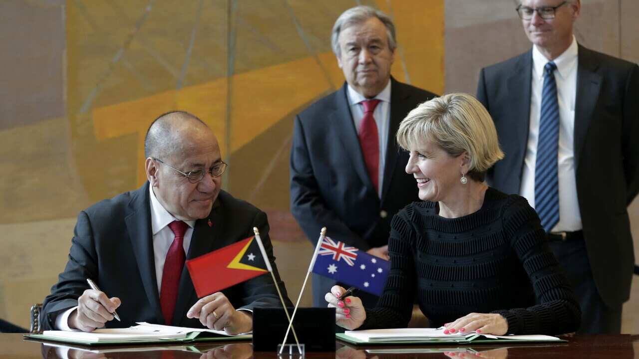 Timor-Leste's border minister Agio Pereira and Australian foreign minister Julie Bishop sign historic maritime border treaty at the United Nations.