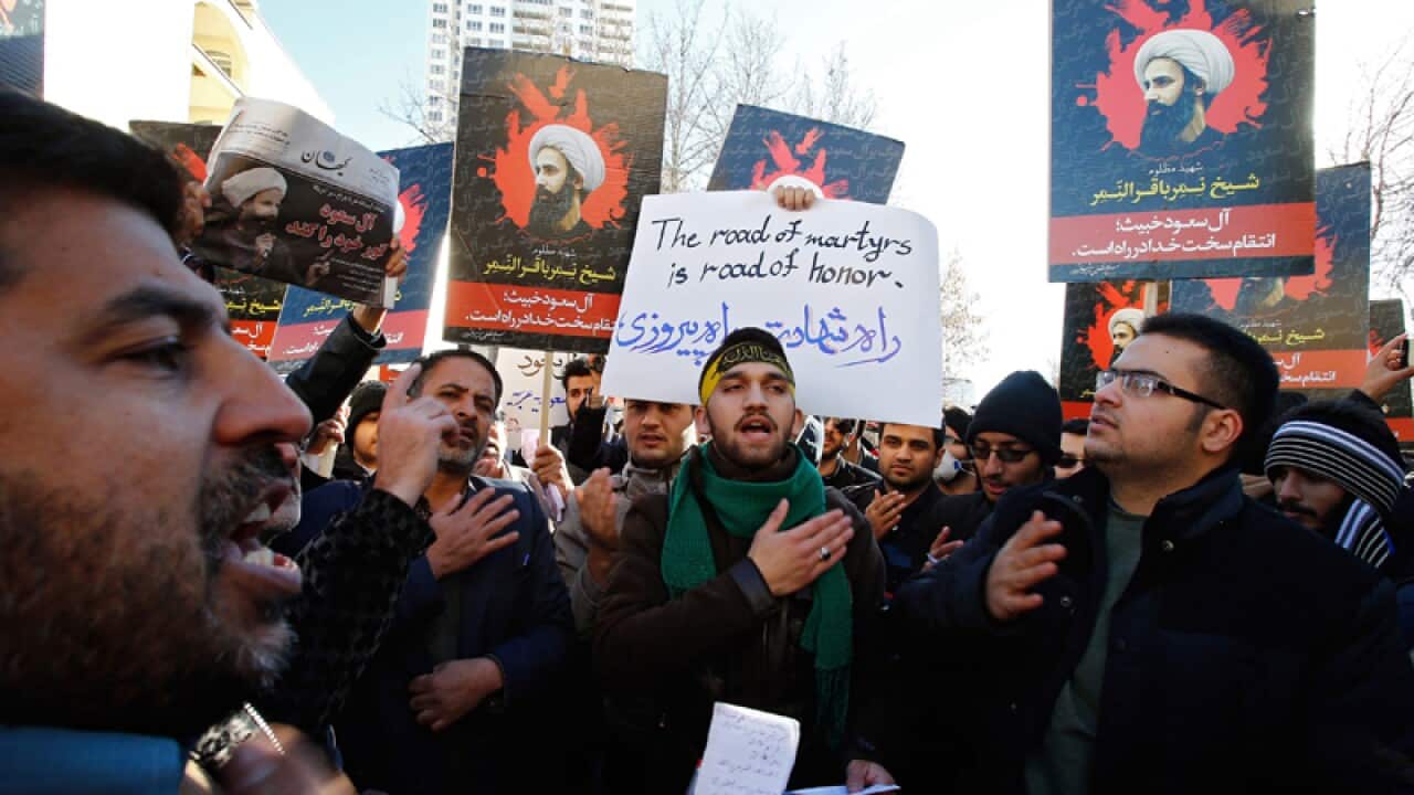 Iranian protesters near the Saudi Arabian embassy in Tehran
