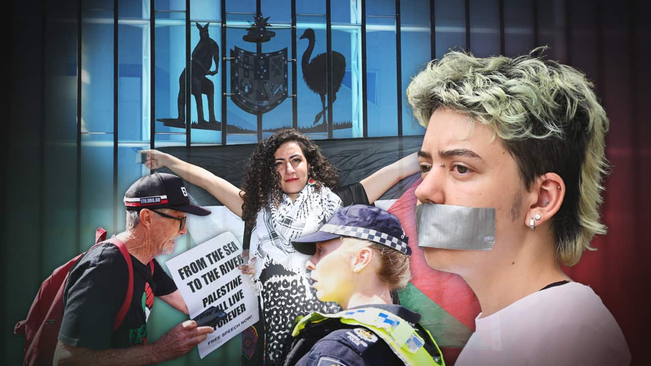 A montages of images of protesters against Queensland laws prohibiting certain pro-Palestinian slogans and phrases.