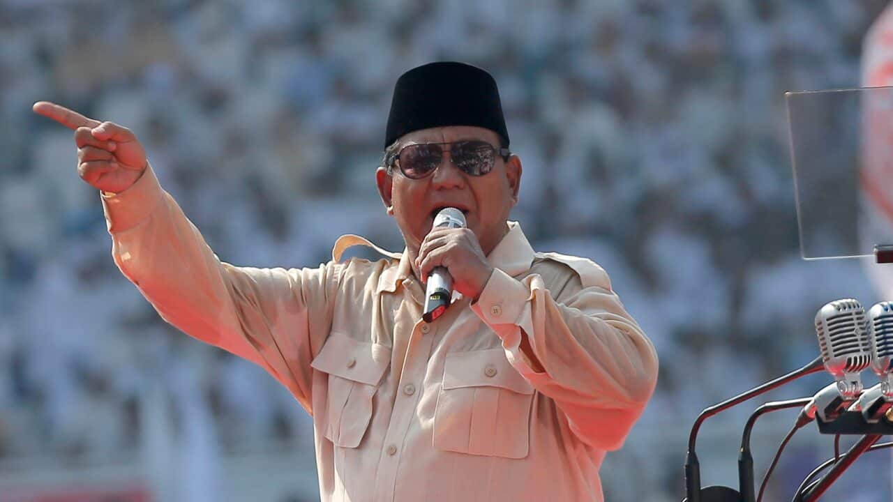 Indonesian presidential candidate Prabowo Subianto speaks to supporters during a campaign rally.