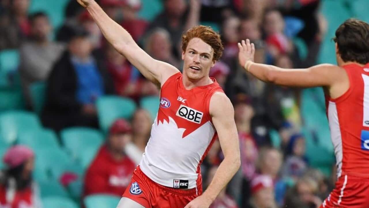Gary Rohan of the Swans points to the sky.