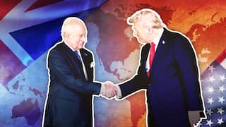 Two men shake hands in front of a stylised background including a world map and US and UK flags.