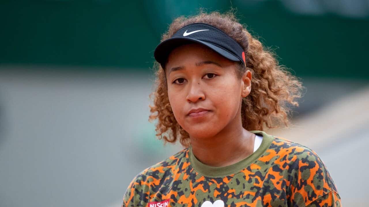Naomi Osaka during a practice match against Ashleigh Barty in preparation for the 2021 French Open.
