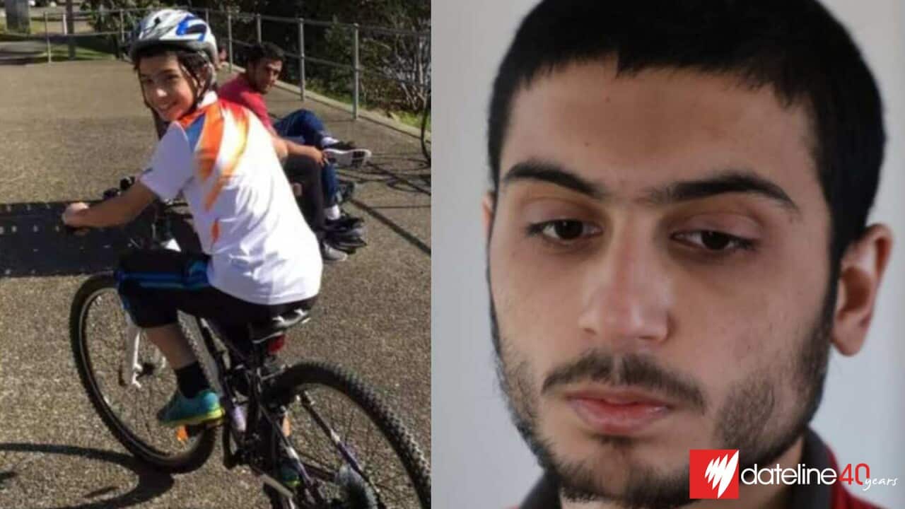 A composite image of a child riding a bike and a young man looking serious