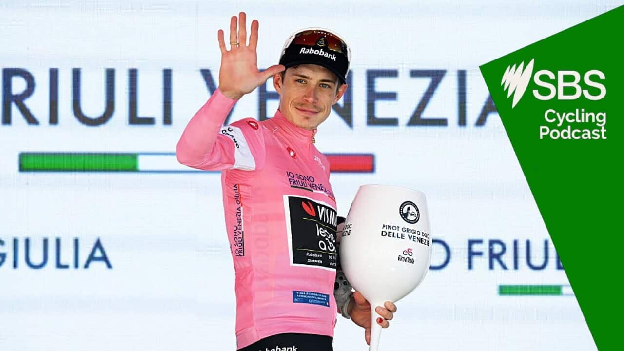 PILA - GRESSAN, ITALY - MAY 23: Jonas Vingegaard of Denmark and Team Visma | Lease a Bike celebrates at podium as Pink Leader Jersey winner during the 109th Giro d'Italia 2026, Stage 14 a 133km stage from Aosta to Pila - Gressan 1789m / #UCIWT / on May 23, 2026 in Pila - Gressan, Italy. (Photo by Dario Belingheri/Getty Images)