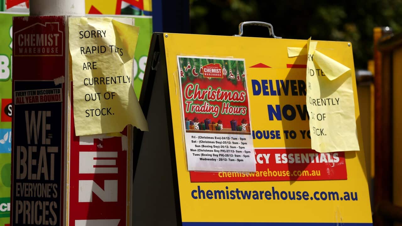 Signs indicating that this chemist is out of Covid-19 rapid antigen tests (RAT) are seen, Brisbane Sunday, January 2, 2022. (AAP Image/Danny Casey) NO ARCHIVING