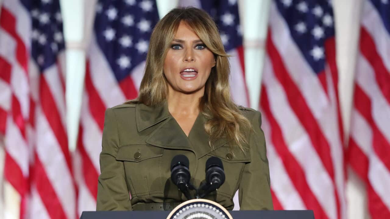 US First Lady Melania Trump delivers her speech during the second night of the Republican National Convention