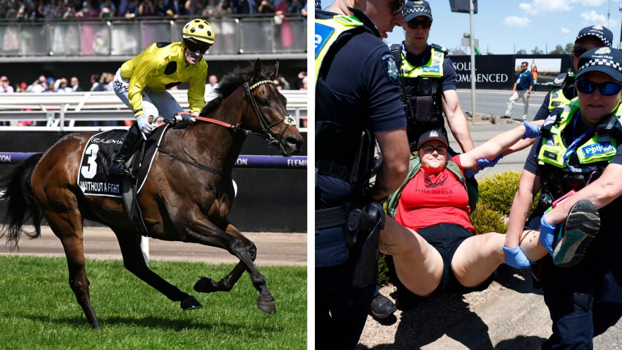 A composite image of a man in a yellow shirt riding a horse next to a person in a red shirt being carried by three police officers
