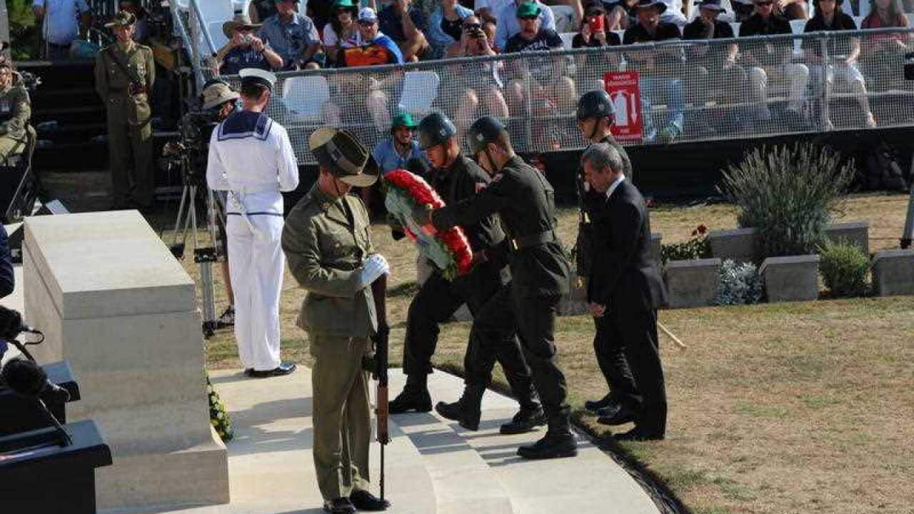 Turkish soldiers lay a wreath at the Lone Pine cemetery on the Gallipoli Peninsula on Thursday, August 6, 2015, during a service to mark the 100th anniversary of the Battle of Lone Pine.