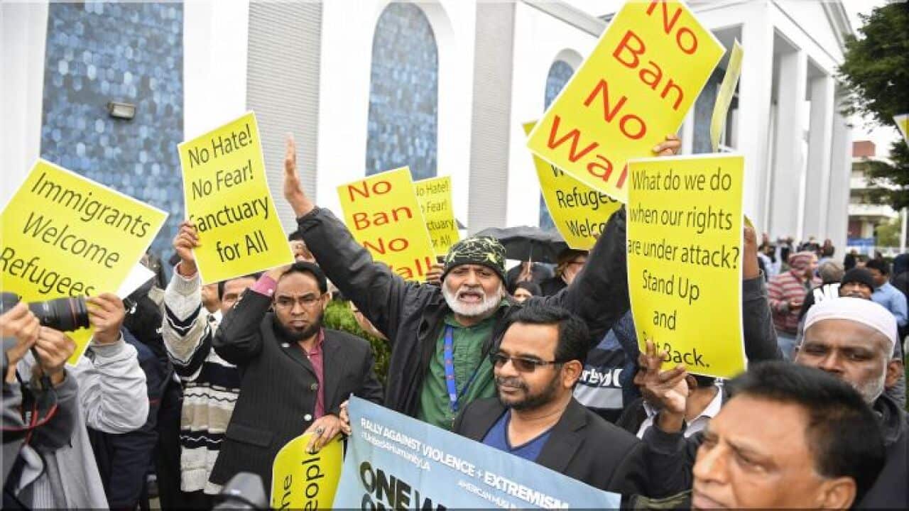 Protesters at the Islamic Centre of Southern California as part of a nationwide day unity against US President's travel bans