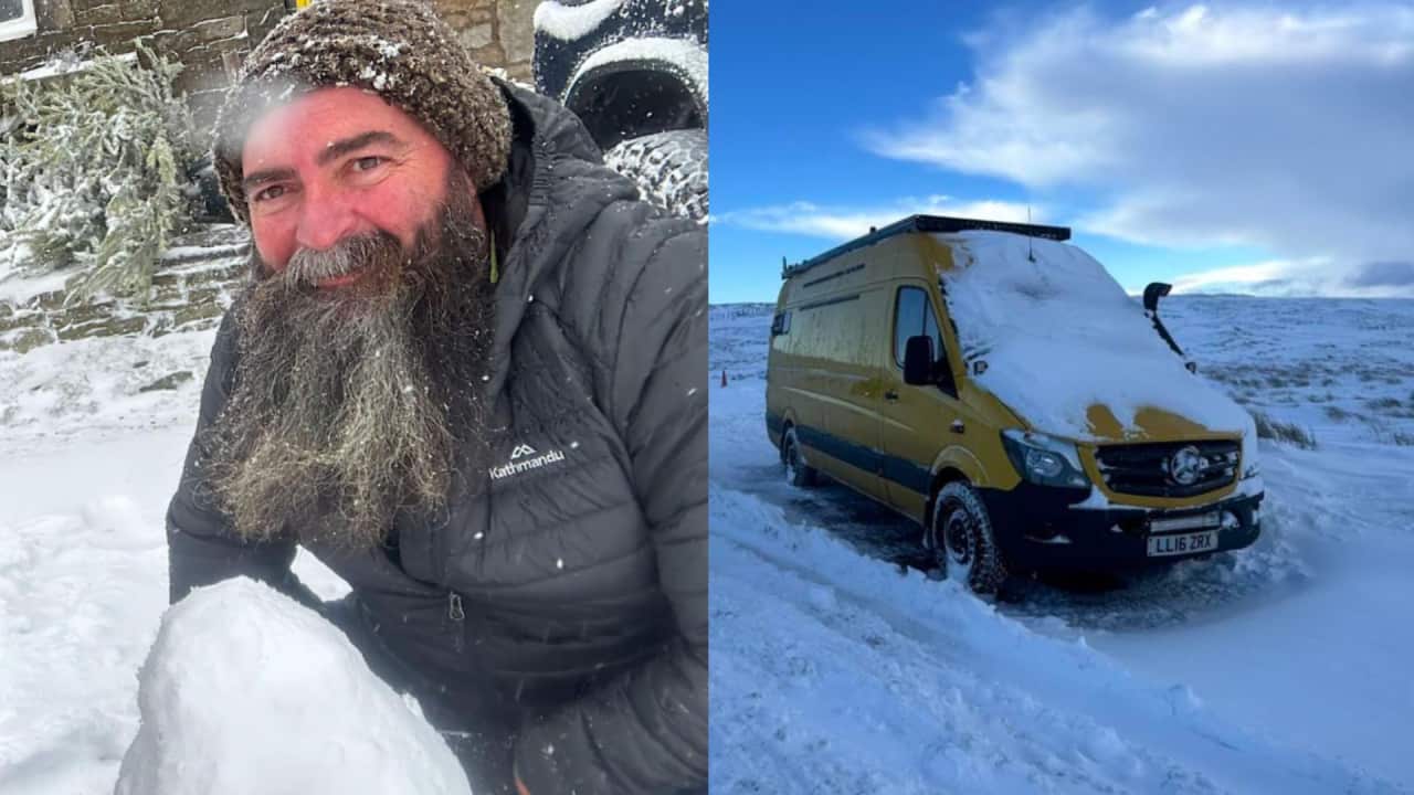 A composite image of a man with a large beard sitting in front of a snowman on the left and a van in thick snow on the road.