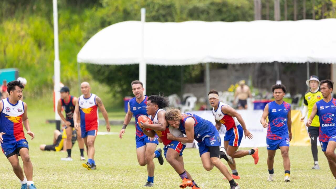 The Philippine Eagles battle hard against the Cambodian Eagles Football Club in Thailand. Action from their fourth and final match at the AFL Asia Championships. September 2025