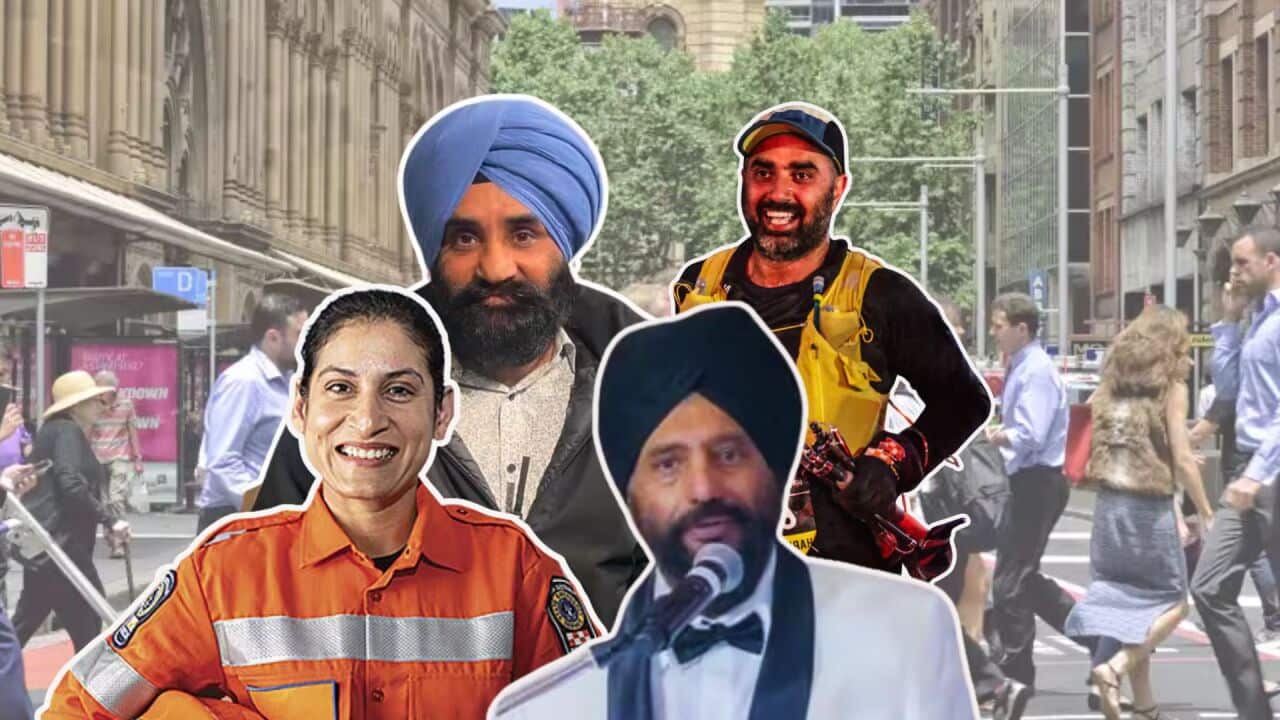 On a background of a crowd crossing road, superimposed images of Rupinderdeep Kaur in SES uniform, Sikh Youth Australia cofounder Satwant Singh, SAF International volunteer Hargagn Singh, and SES volunteer and runner Rupinder Singh