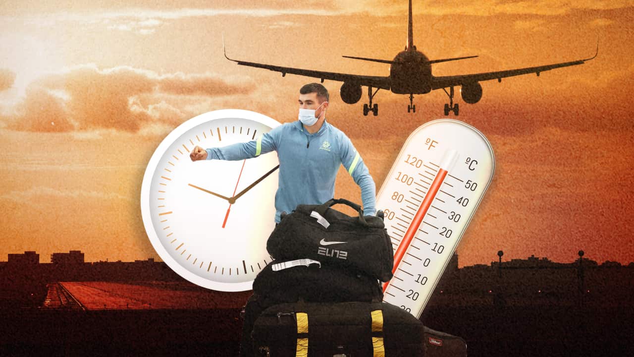 A composite image of Socceroos goalkeeper Matt Ryan carrying a suitcase and surrounded by a clock and thermometer