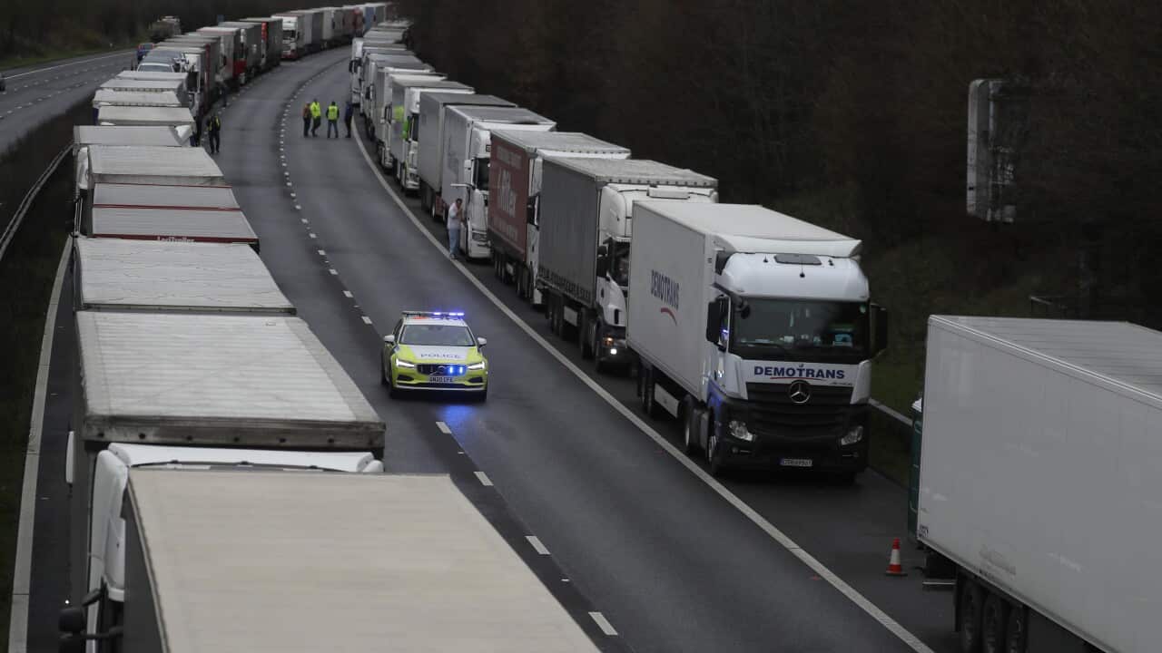 Trucks are parked on the M20 motorway as part of Operation Stack, whilst the Port of Dover remains closed