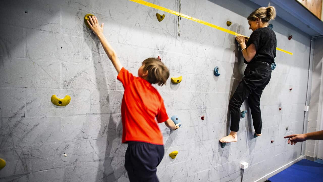 kids trying to climb a wall