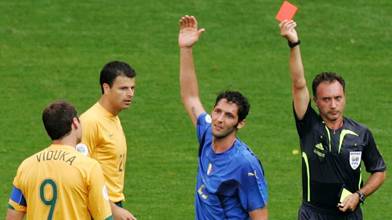 Italy's Marco Materazzi sent off against Australia at the 2006 FIFA World Cup