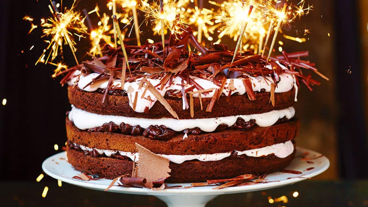 Chocolate celebration cake with sparklers.