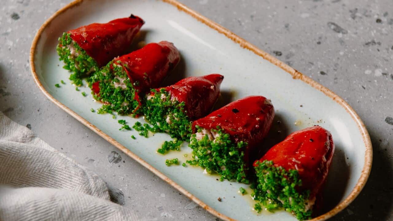 Piquillo peppers stuffed with tuna mayonnaise, onion and chives