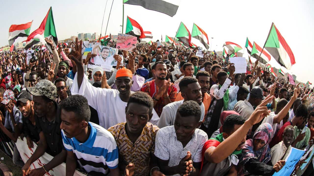 People take part in a protest condemning a deadly crackdown last month in Khartoum, Sudan.