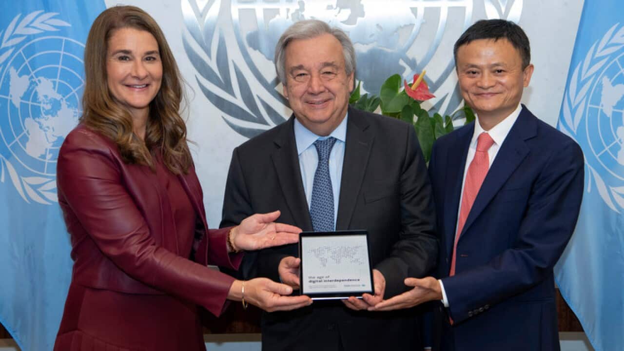 Melinda Gates and Jack Ma with Antonio Guterres (centre)