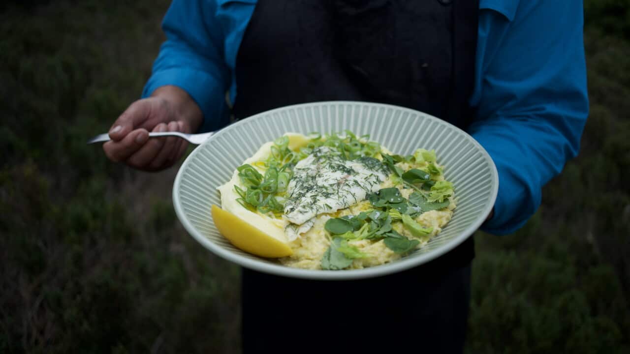 Butter poached whiting with creamed leeks and mash